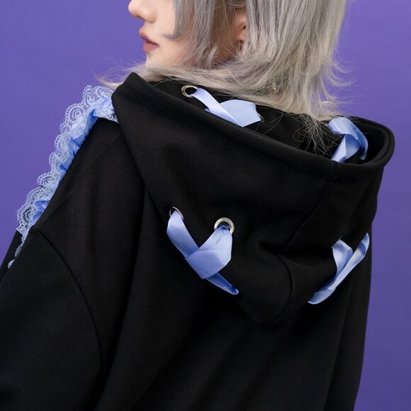 NEW ACDC RAG - Love Punk Lace & Ribbon Oversized Zip Up Hoodie - Picture 5 of 10